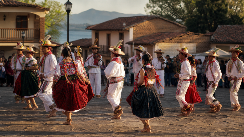 Jóvenes danzantes purépechas interpretan la Danza de los Viejitos en una plaza comunitaria de Michoacán