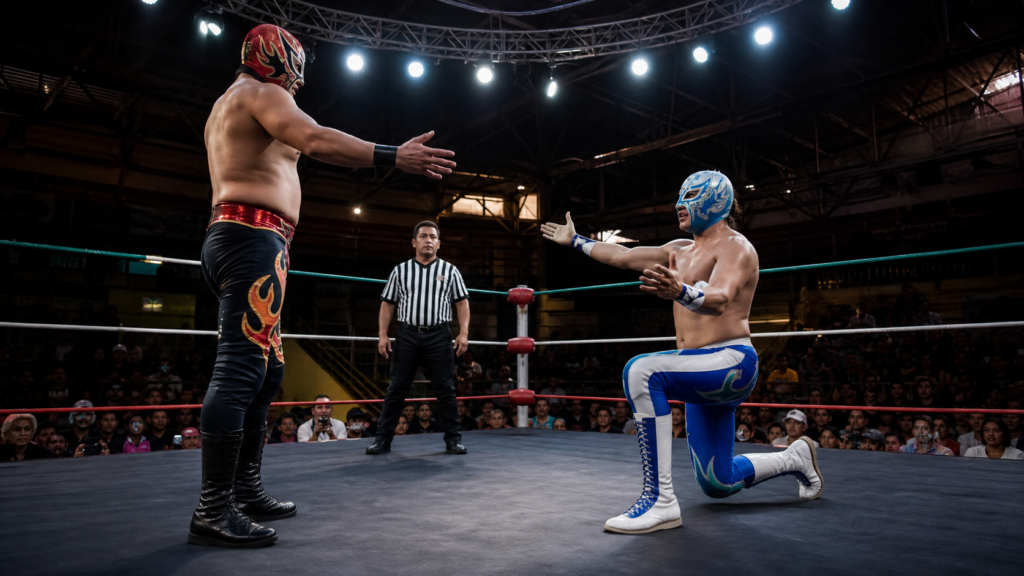 Luchadores enmascarados se enfrentan en un ring iluminado ante una afición de arena mexicana.