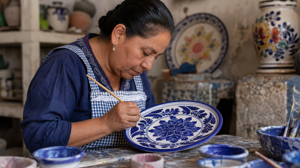 Artesana pinta motivos azules sobre una pieza de Talavera en un taller iluminado.