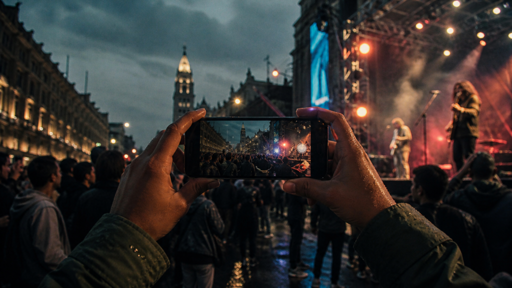 Persona graba un concierto desde una calle de Ciudad de México con un Galaxy S26 FE mientras una pantalla de evento Samsung queda al fondo.