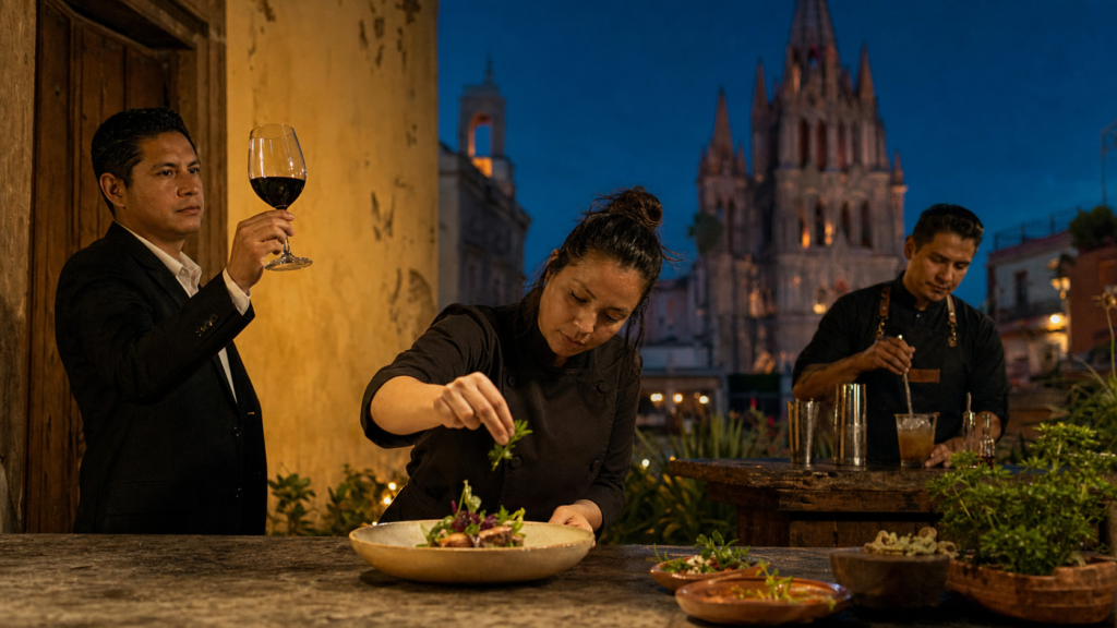 Chef termina un plato mientras un sommelier levanta una copa de vino guanajuatense y un mixólogo trabaja al fondo, con arquitectura de San Miguel de Allende.