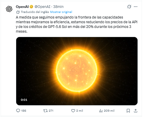 OpenAI reduce más de 20% el precio de API y créditos de GPT-5.6 Sol