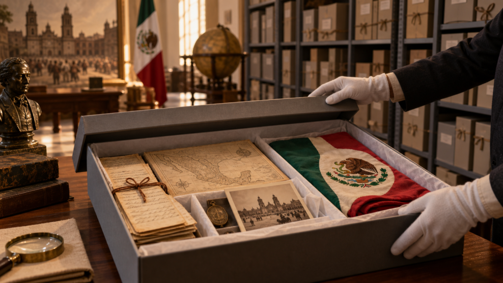 Mesa de archivo con cartas, fotografías antiguas, mapas y una bandera mexicana en un espacio cultural durante el mes patrio.