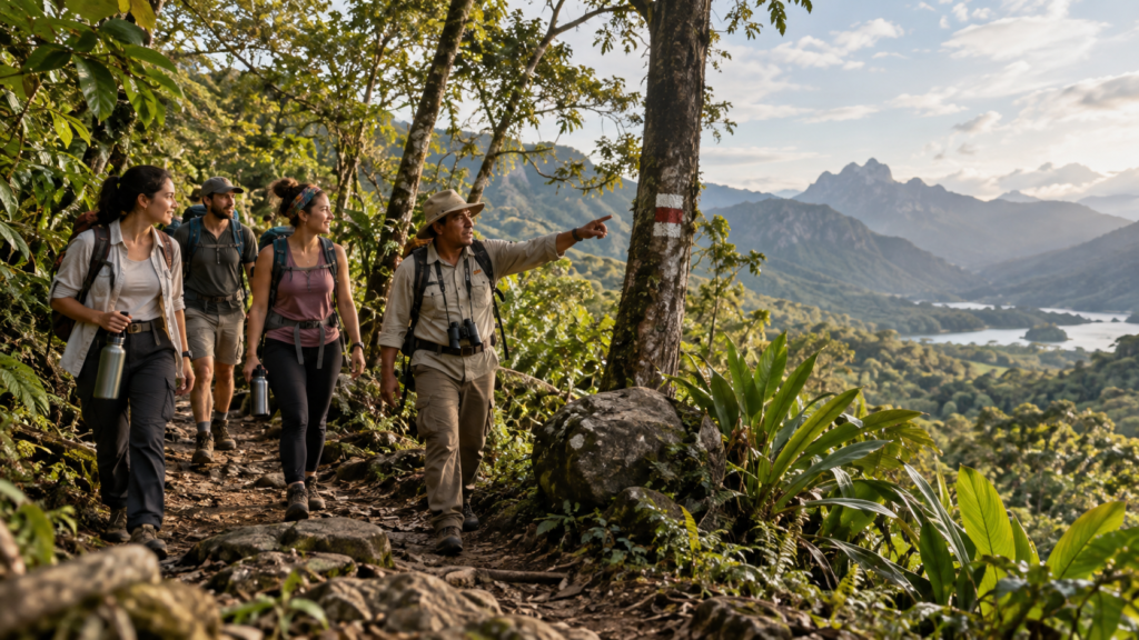 Senderistas avanzando por un bosque mexicano en una ruta señalizada, con guía local y paisaje natural al fondo.