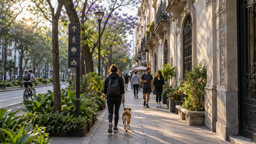 Personas caminando por una calle arbolada de la Ciudad de México con fachadas históricas y comercios de barrio.