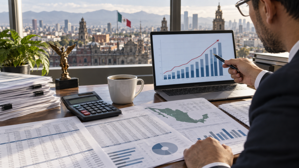 Documentos de deuda y planos de infraestructura sobre una mesa de análisis financiero con luz natural.