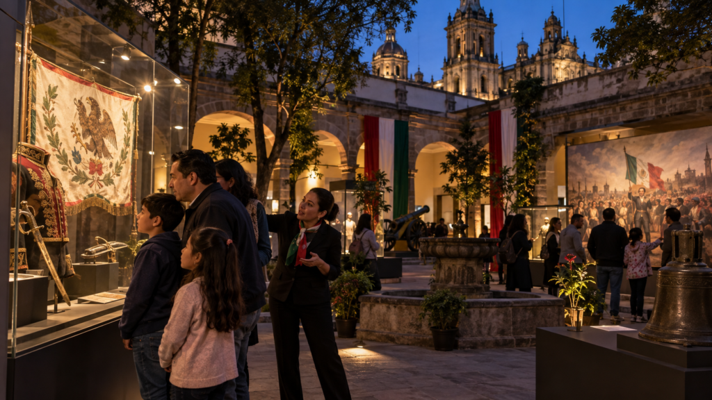 Artesana mexicana trabajando una pieza textil junto a fibras, tintes y herramientas en un taller comunitario.