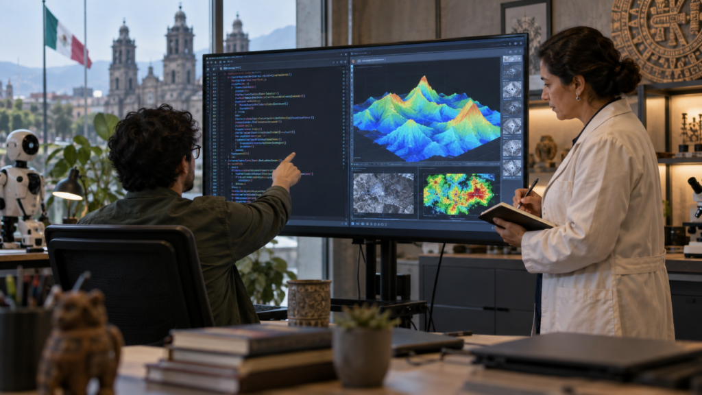 Equipo de trabajo evaluando dos modelos de IA en monitores con métricas de precisión y seguridad.