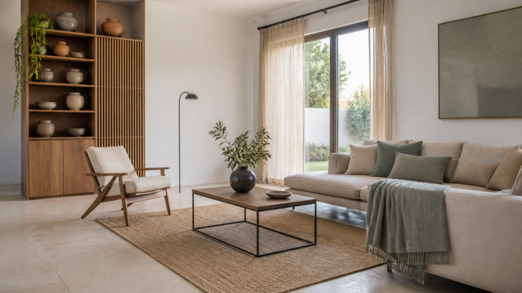 Sala mexicana ordenada con tapete, cortinas y cojines que separan áreas de descanso y trabajo