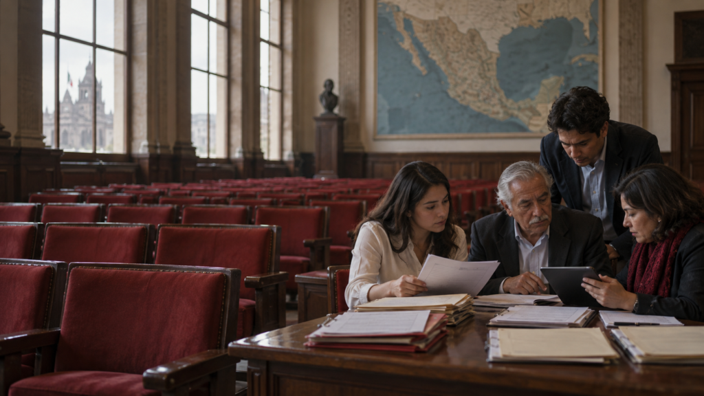Organizadores revisan registros de afiliación en un salón político con asientos rojos y un mapa de México.
