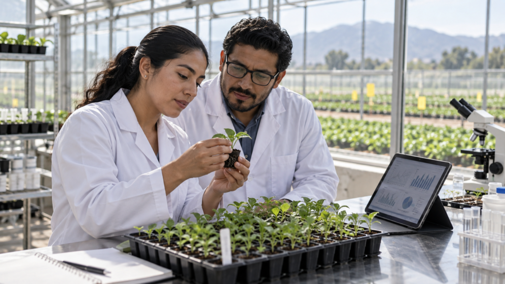 Ilustración generada con IA de investigación agrícola con plántulas y herramientas digitales en un invernadero.