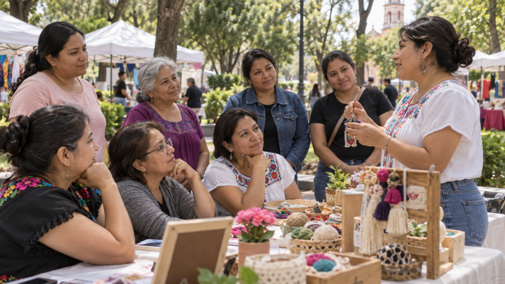 Ilustración generada con IA de un taller comunitario de mujeres en un parque de Azcapotzalco.
