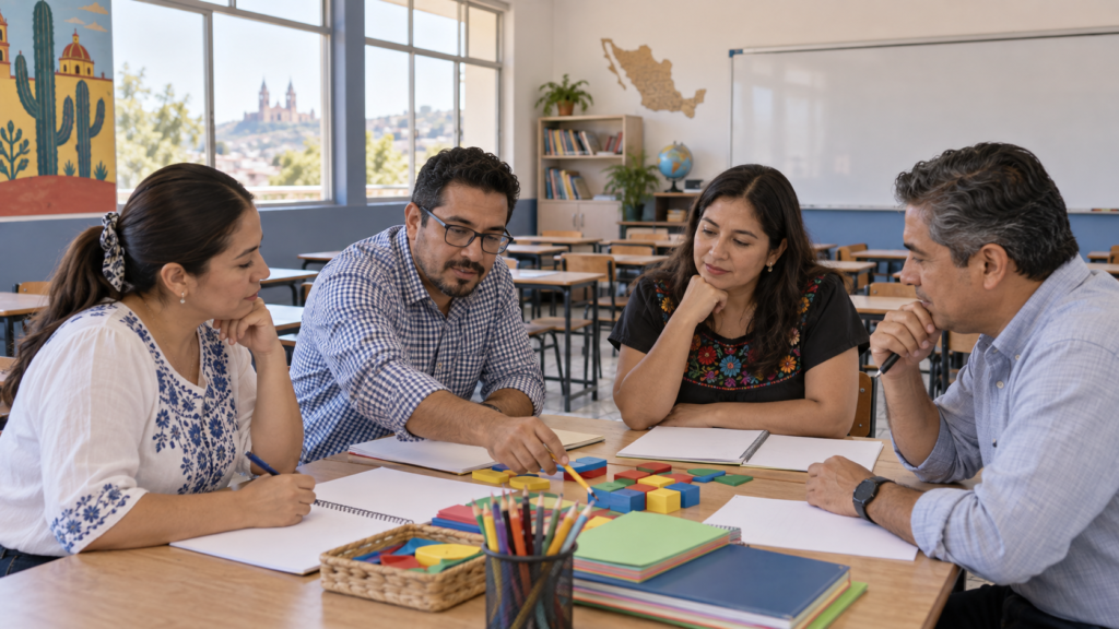 Ilustración generada con IA de docentes que analizan materiales y planean acciones de aprendizaje en un aula.