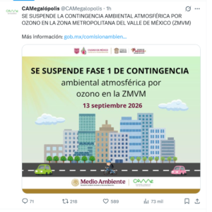 CAMe suspende Fase 1 de contingencia por ozono en la ZMVM