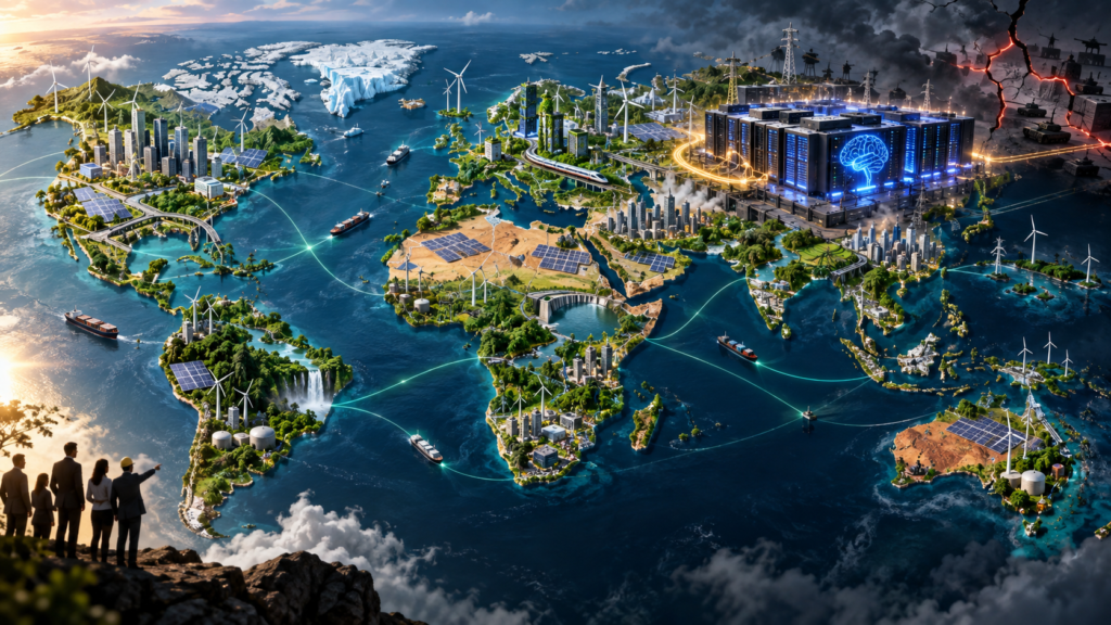 Mapa mundial que muestra infraestructura de energías limpias, centros de datos y zonas de riesgo climático.