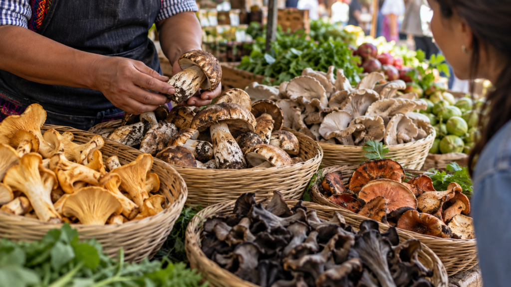 Hongos comestibles en un mercado, para una nota sobre cocina de temporada y procedencia