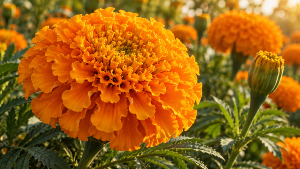 Ilustración de una cabezuela naranja de cempasúchil, con flores pequeñas agrupadas y hojas verdes al fondo.