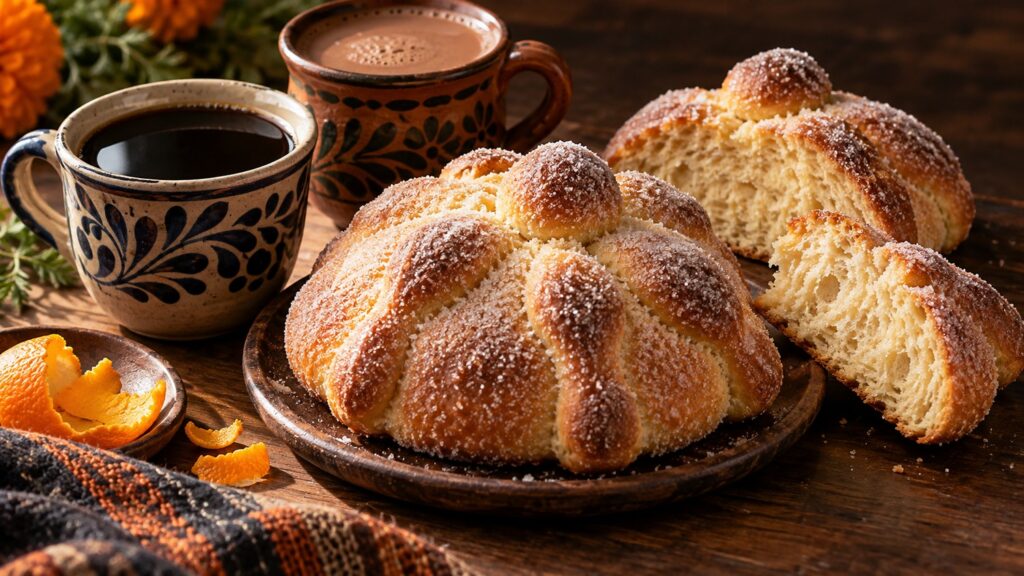 Pan de muerto azucarado acompañado de café y chocolate en tazas de barro.